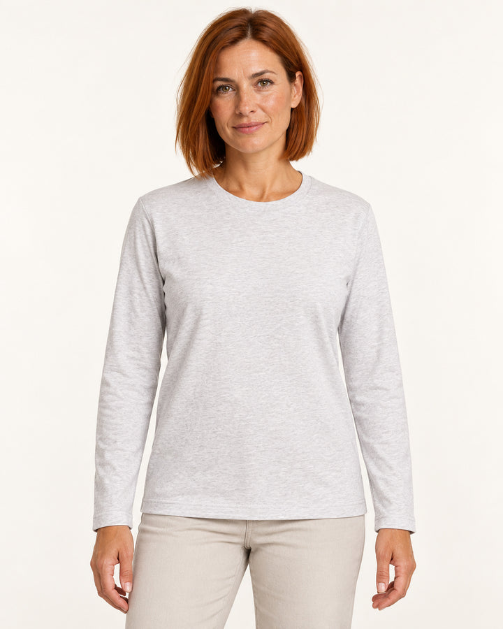 Sitztgut Damen-Langarmshirt aus Baumwolle – Hellgrau meliert (Cool Heather Grey) – Vorderansicht