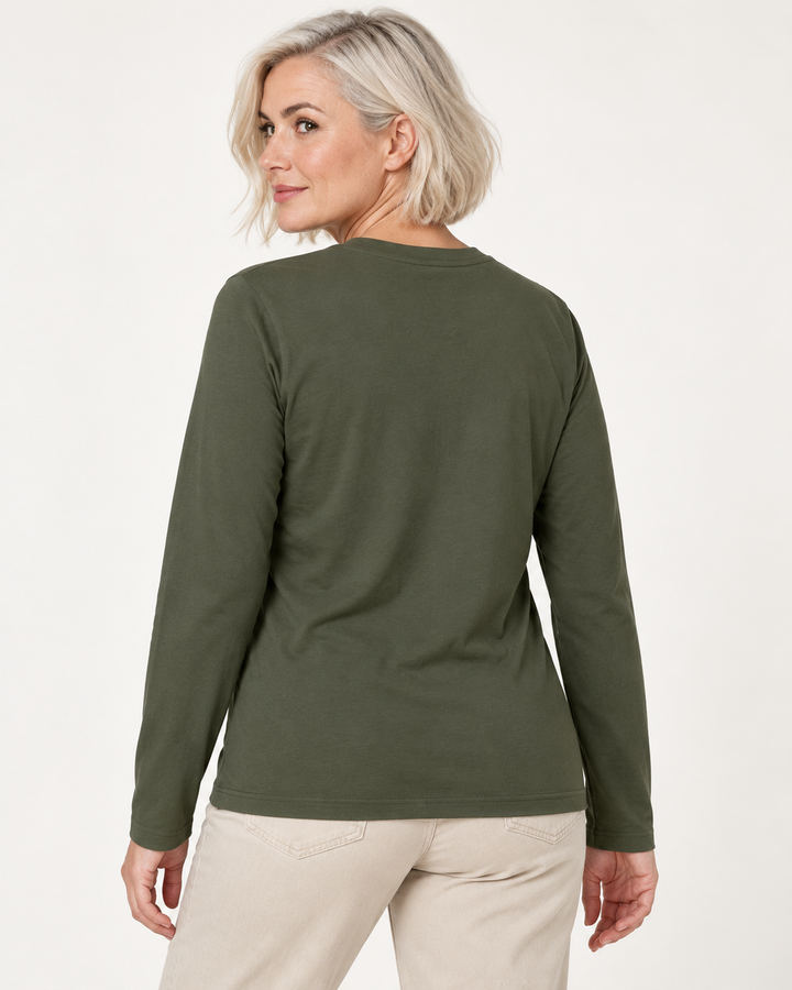 Sitztgut Damen-Langarmshirt aus Baumwolle – Khaki – Rückenansicht