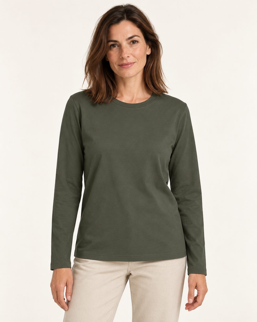 Sitztgut Damen-Langarmshirt aus Baumwolle – Khaki – Vorderansicht