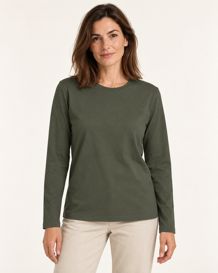 Sitztgut Damen-Langarmshirt aus Baumwolle – Khaki – Vorderansicht