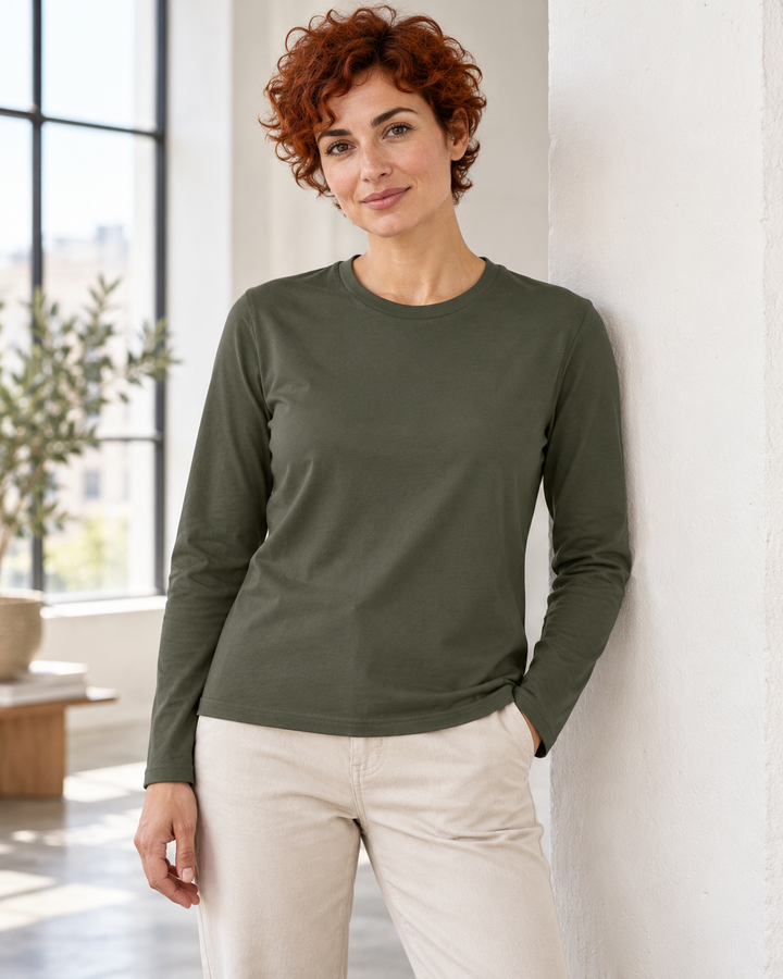 Sitztgut Damen-Langarmshirt aus Baumwolle – Khaki – Lifestyle 2