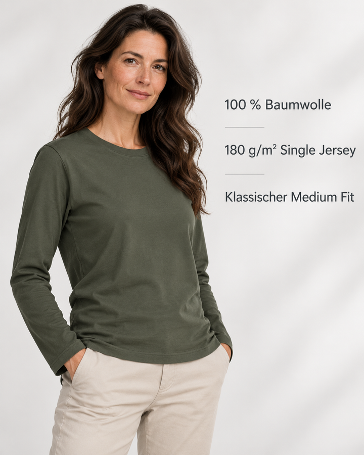 Sitztgut Damen-Langarmshirt aus Baumwolle – Khaki – Produktvorteile