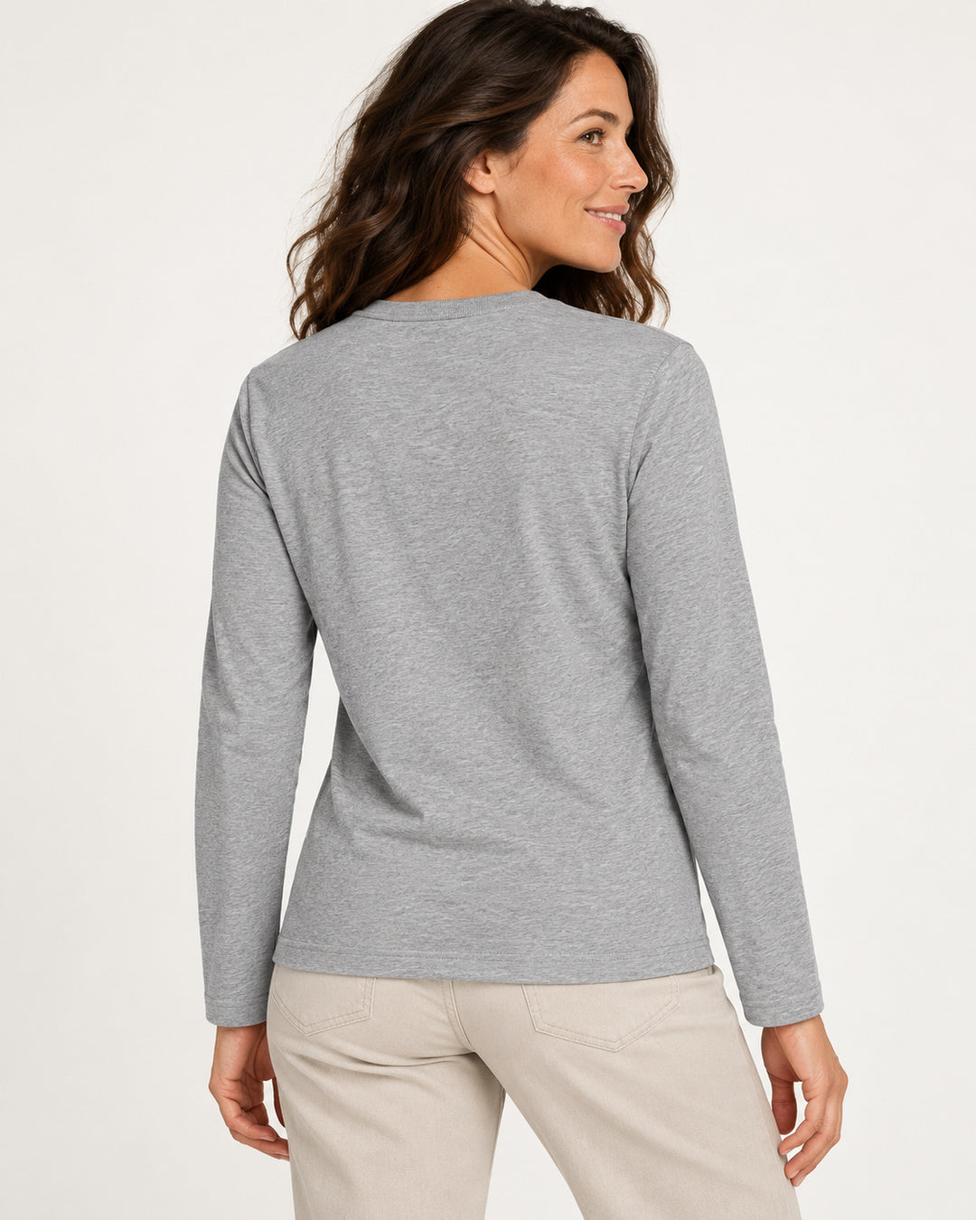 Sitztgut Damen-Langarmshirt aus Baumwolle – Grau meliert (Heather Grey) – Rückenansicht