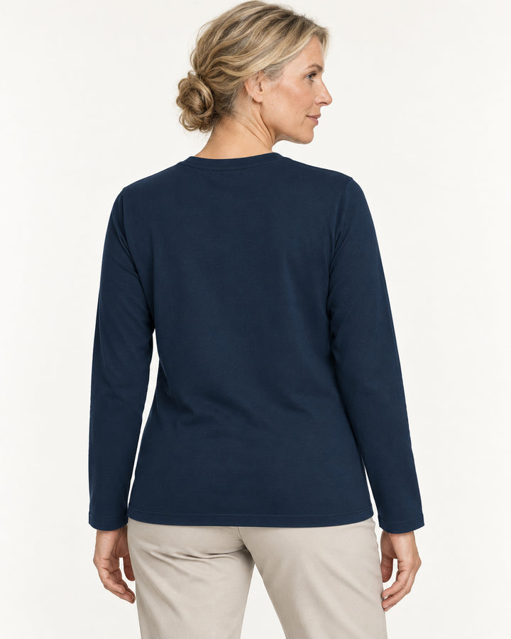 Sitztgut Damen-Langarmshirt aus Baumwolle – Marineblau – Rückenansicht
