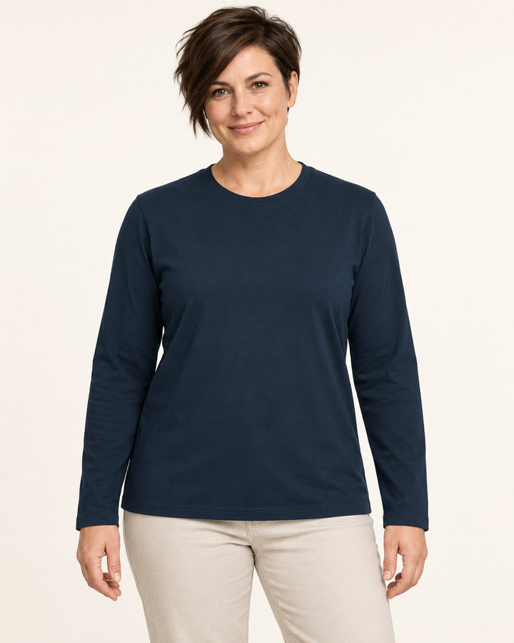 Sitztgut Damen-Langarmshirt aus Baumwolle – Marineblau – Vorderansicht