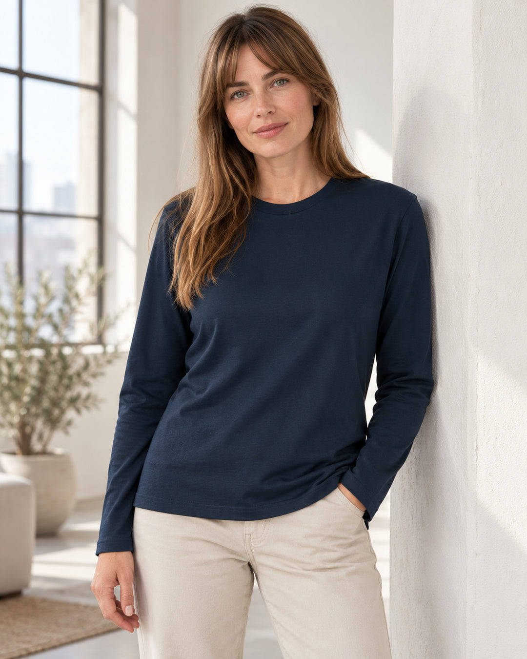 Sitztgut Damen-Langarmshirt aus Baumwolle – Marineblau – Lifestyle 2