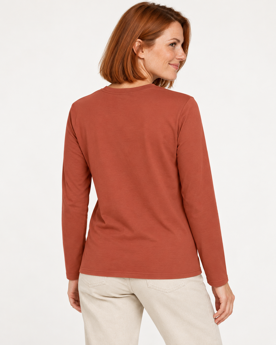 Sitztgut Damen-Langarmshirt aus Baumwolle – Braun – Rückenansicht
