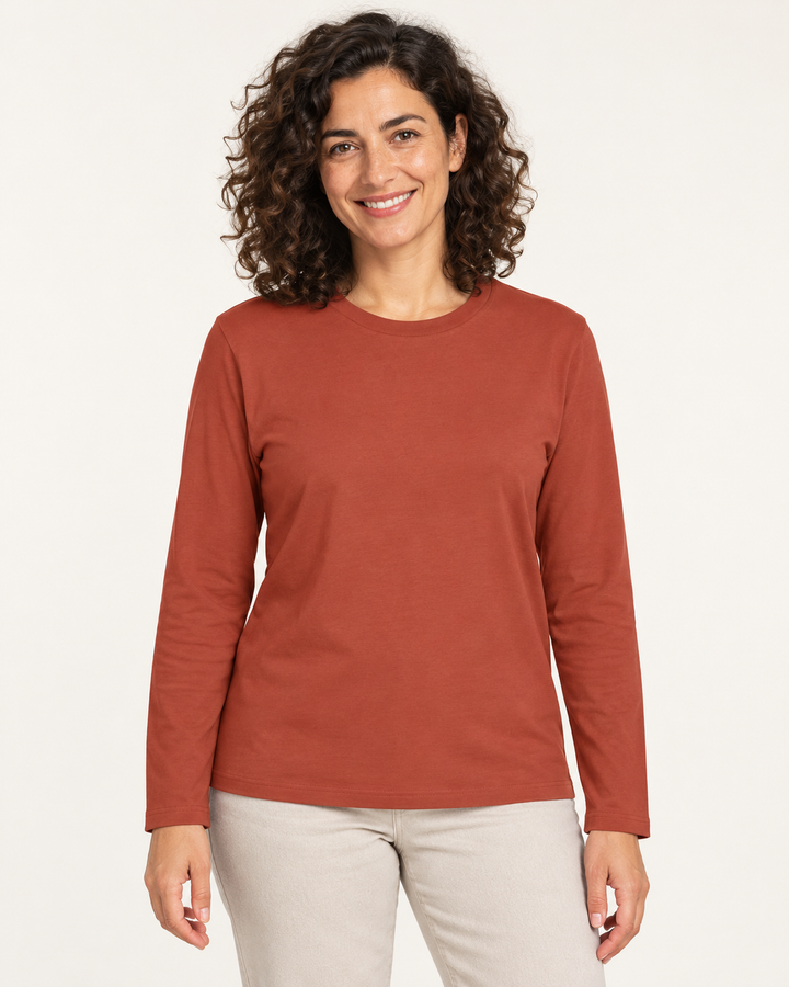Sitztgut Damen-Langarmshirt aus Baumwolle – Braun – Vorderansicht