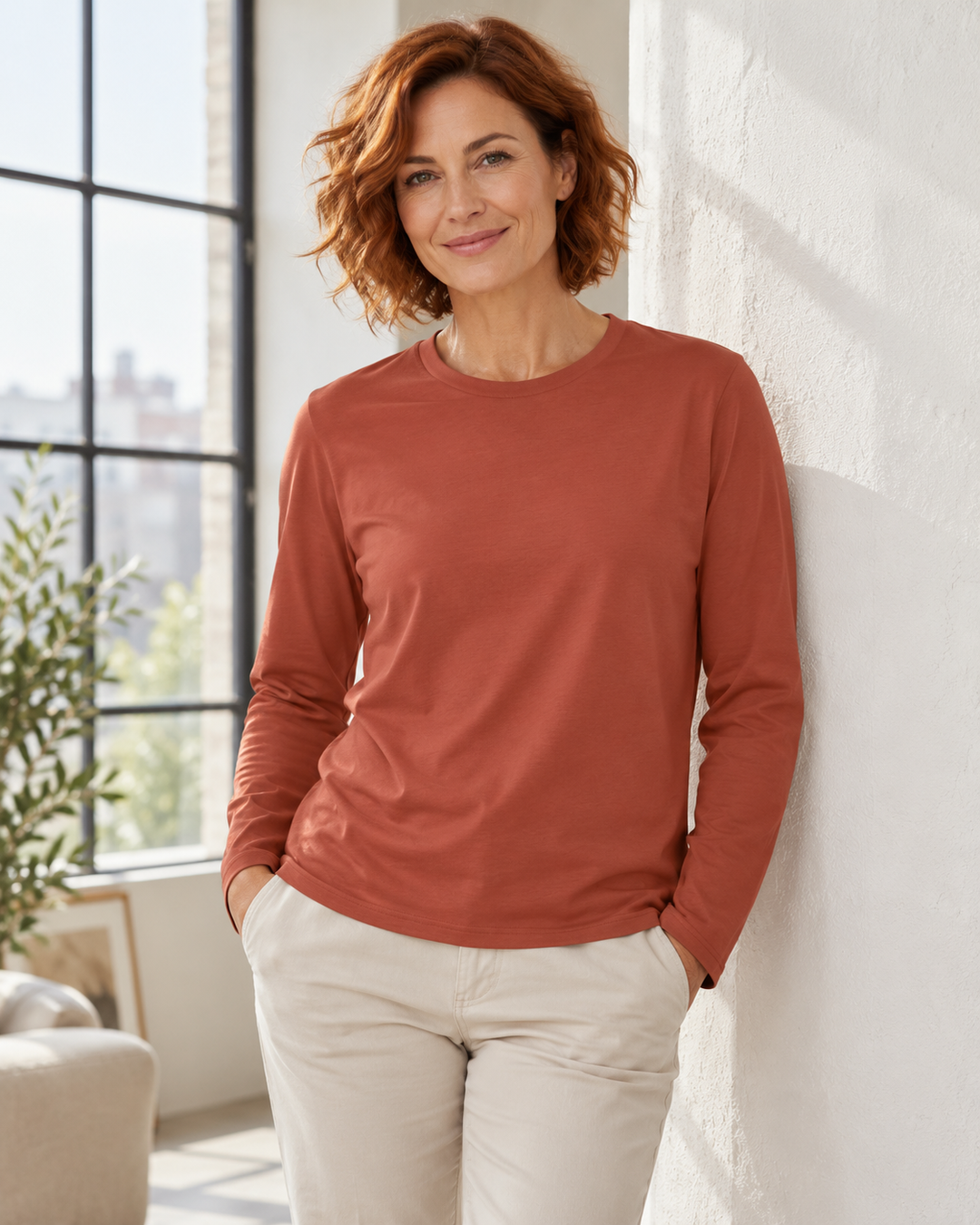 Sitztgut Damen-Langarmshirt aus Baumwolle – Braun – Lifestyle 2
