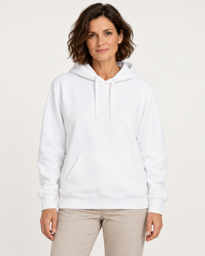Sitztgut Damen-Hoodie mit Kängurutasche – Weiß – Vorderansicht