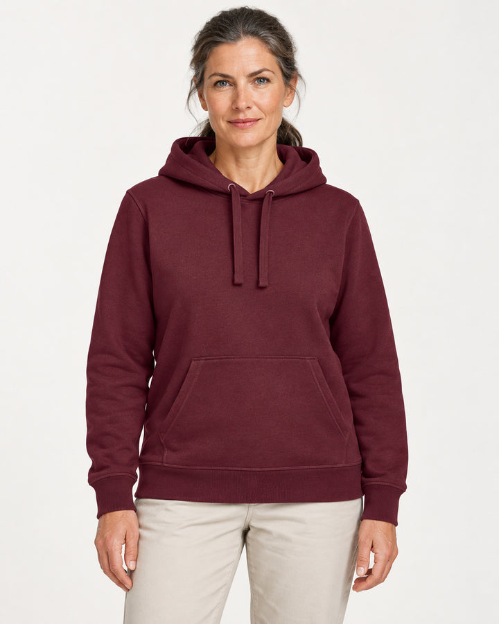 Sitztgut Damen-Hoodie mit Kängurutasche – Deep Plum – Vorderansicht