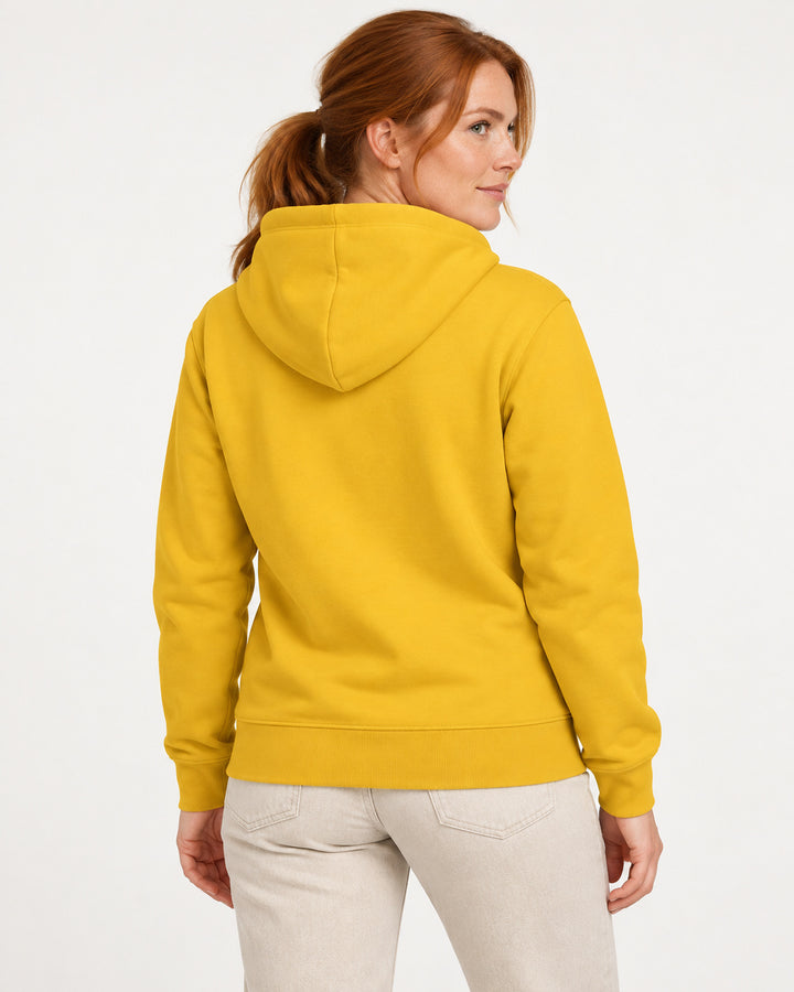 Sitztgut Damen-Hoodie mit Kängurutasche – Spectra Yellow – Rückenansicht