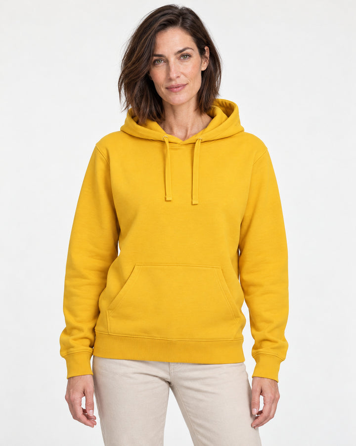 Sitztgut Damen-Hoodie mit Kängurutasche – Spectra Yellow – Vorderansicht