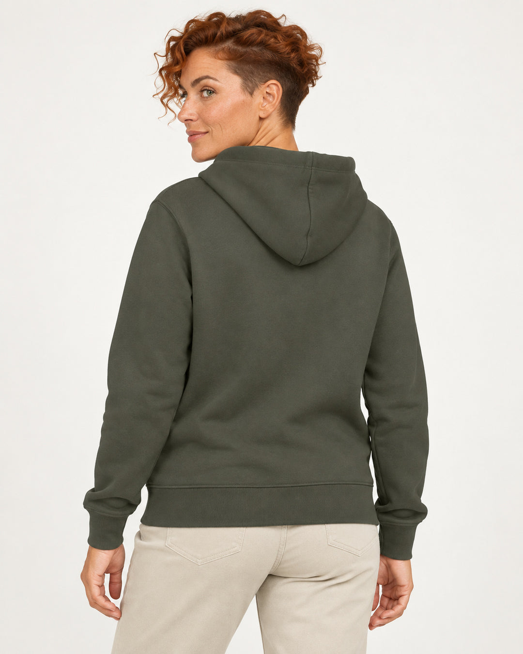 Sitztgut Damen-Hoodie mit Kängurutasche – Khaki – Rückenansicht