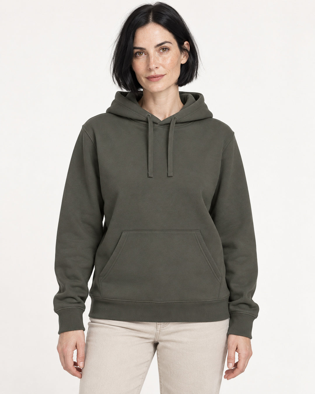 Sitztgut Damen-Hoodie mit Kängurutasche – Khaki – Vorderansicht