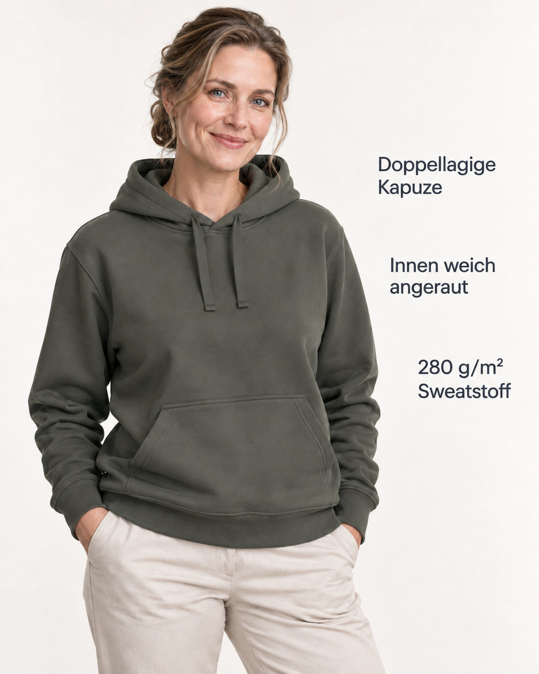 Sitztgut Damen-Hoodie mit Kängurutasche – Khaki – Produktvorteile