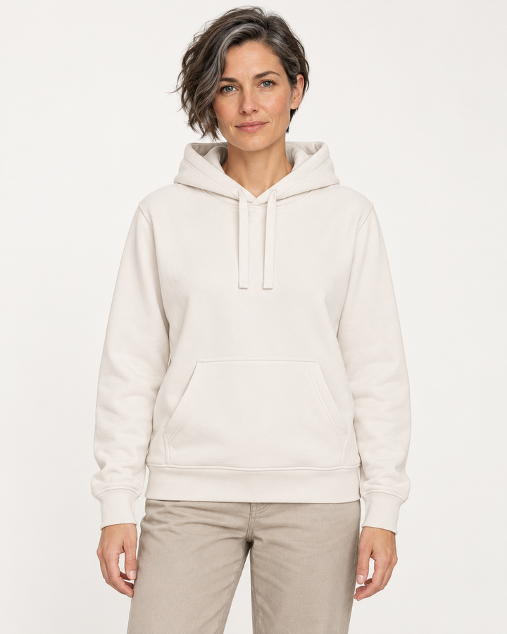 Sitztgut Damen-Hoodie mit Kängurutasche – Vintage White – Vorderansicht
