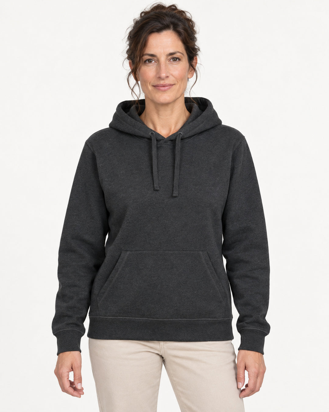 Sitztgut Damen-Hoodie mit Kängurutasche – Dark Heather Grey – Vorderansicht
