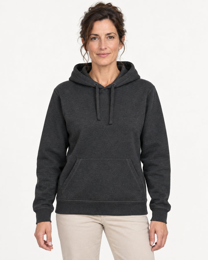 Sitztgut Damen-Hoodie mit Kängurutasche – Dark Heather Grey – Vorderansicht