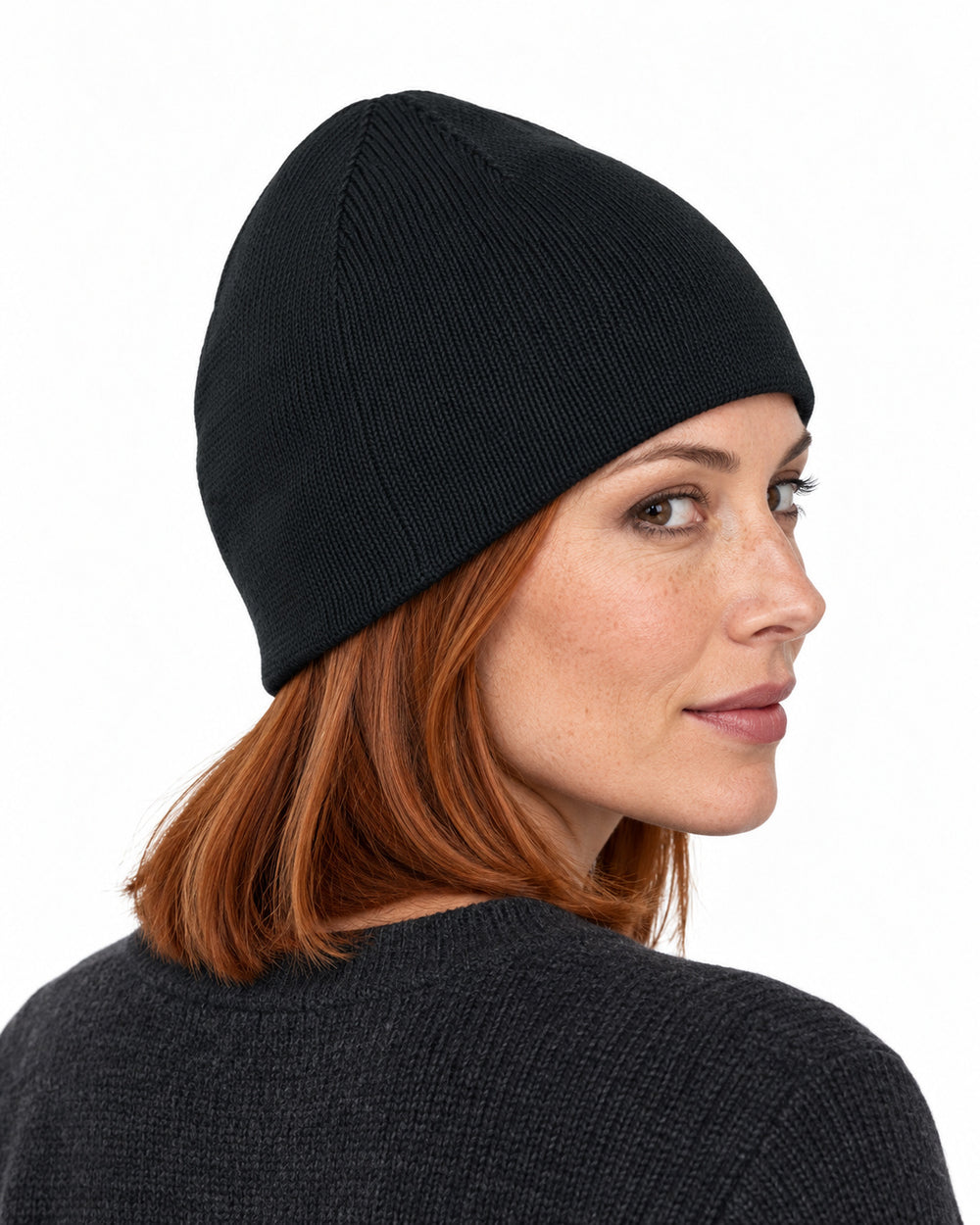 Sitztgut Damen-Beanie aus Baumwolle mit Fleecefutter – Schwarz – Rückenansicht