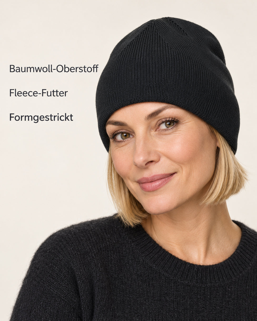 Sitztgut Damen-Beanie aus Baumwolle mit Fleecefutter – Schwarz – Produktvorteile