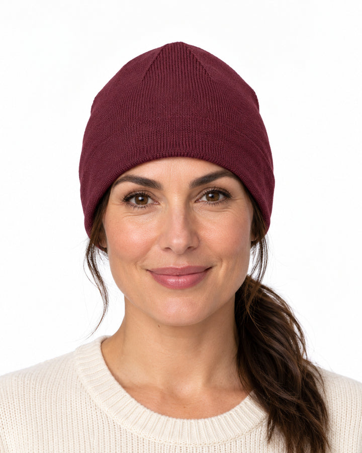 Sitztgut Damen-Beanie aus Baumwolle mit Fleecefutter – Pflaume – Vorderansicht
