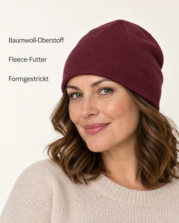 Sitztgut Damen-Beanie aus Baumwolle mit Fleecefutter – Pflaume – Produktvorteile