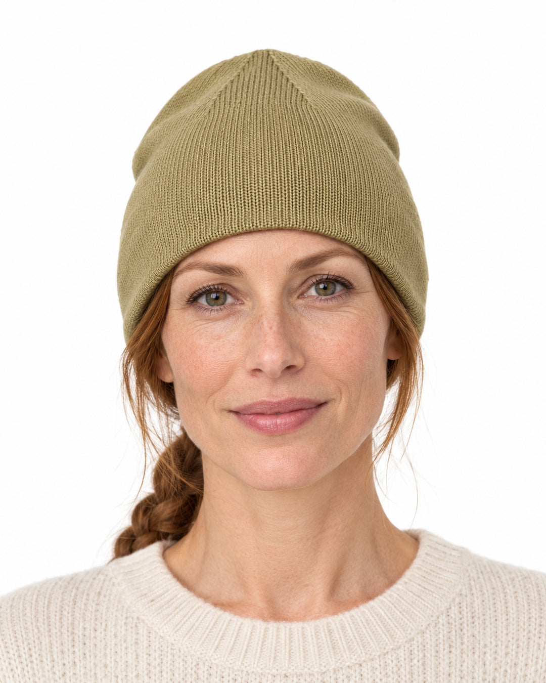 Sitztgut Damen-Beanie aus Baumwolle mit Fleecefutter – Oliv – Vorderansicht
