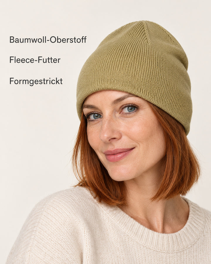Sitztgut Damen-Beanie aus Baumwolle mit Fleecefutter – Oliv – Produktvorteile