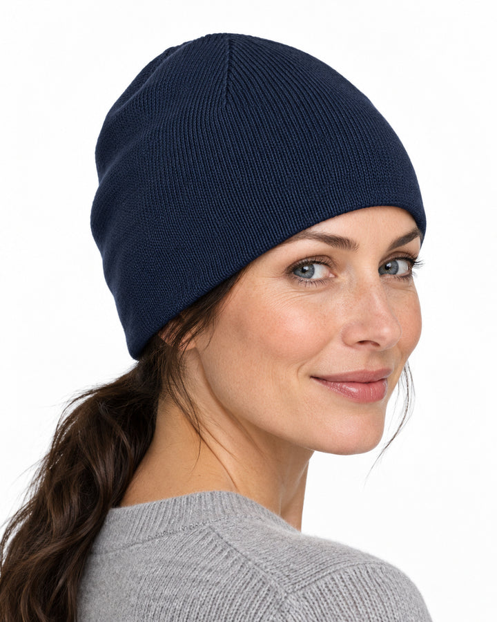 Sitztgut Damen-Beanie aus Baumwolle mit Fleecefutter – Marineblau – Rückenansicht