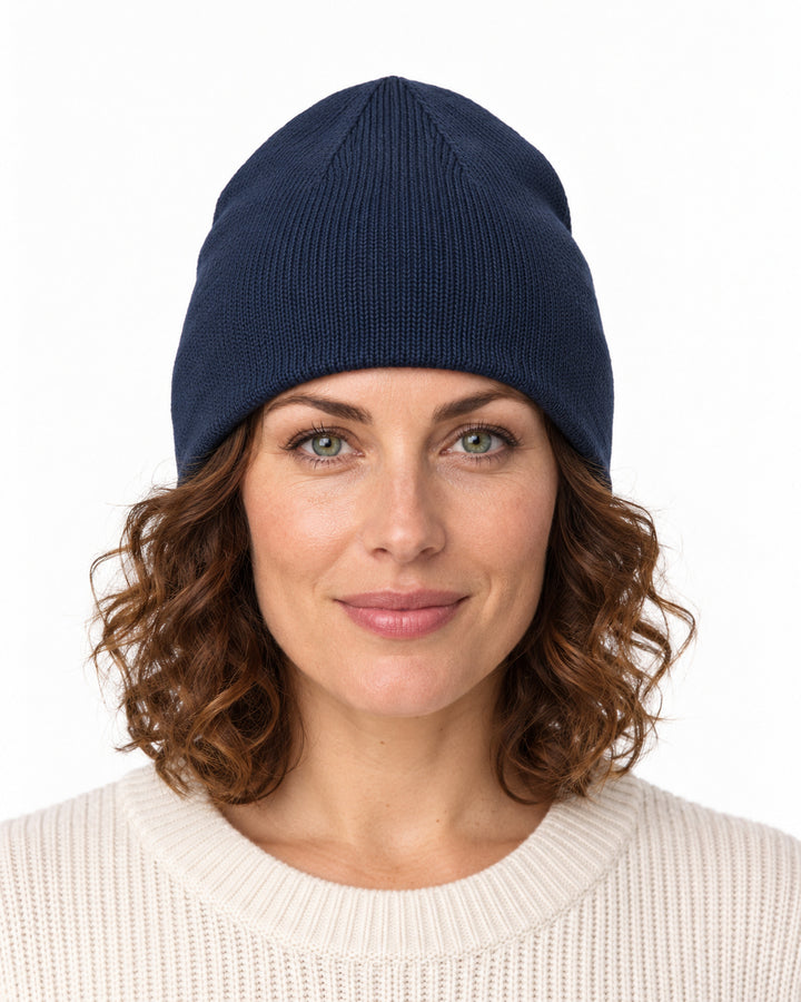 Sitztgut Damen-Beanie aus Baumwolle mit Fleecefutter – Marineblau – Vorderansicht