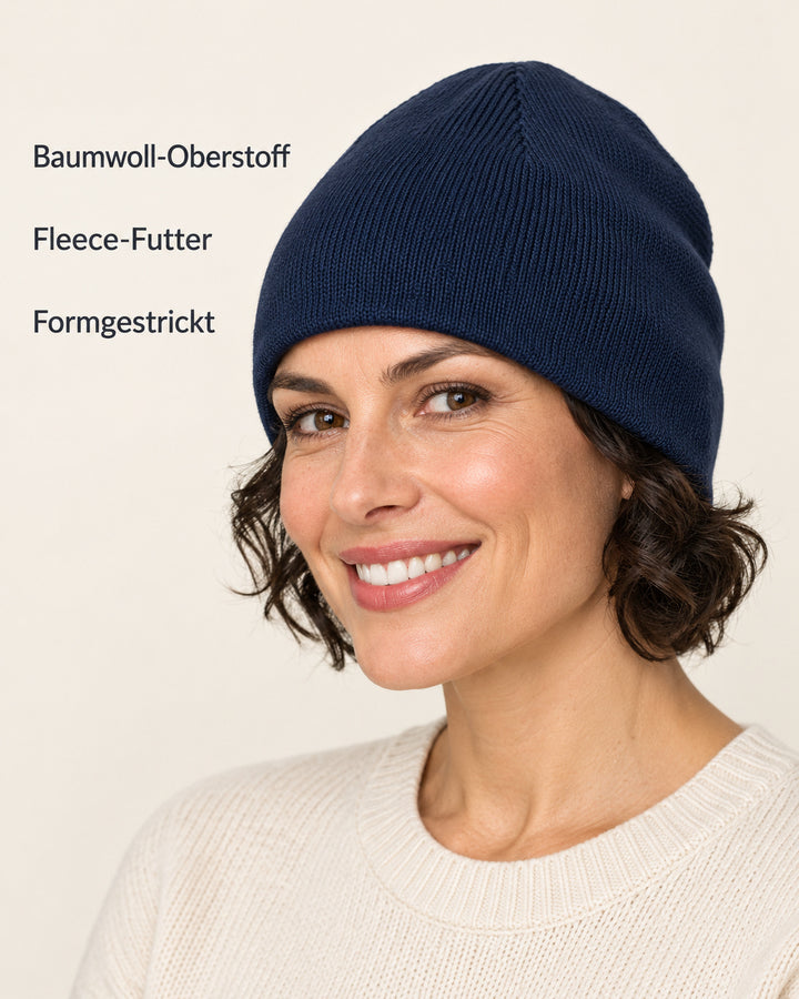 Sitztgut Damen-Beanie aus Baumwolle mit Fleecefutter – Marineblau – Produktvorteile