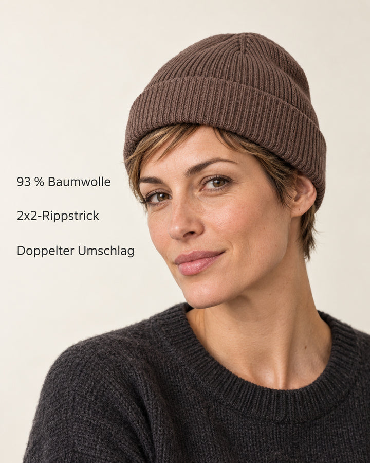 Sitztgut Damen-Rippstrick-Beanie mit Umschlag – Mokka – Produktvorteile