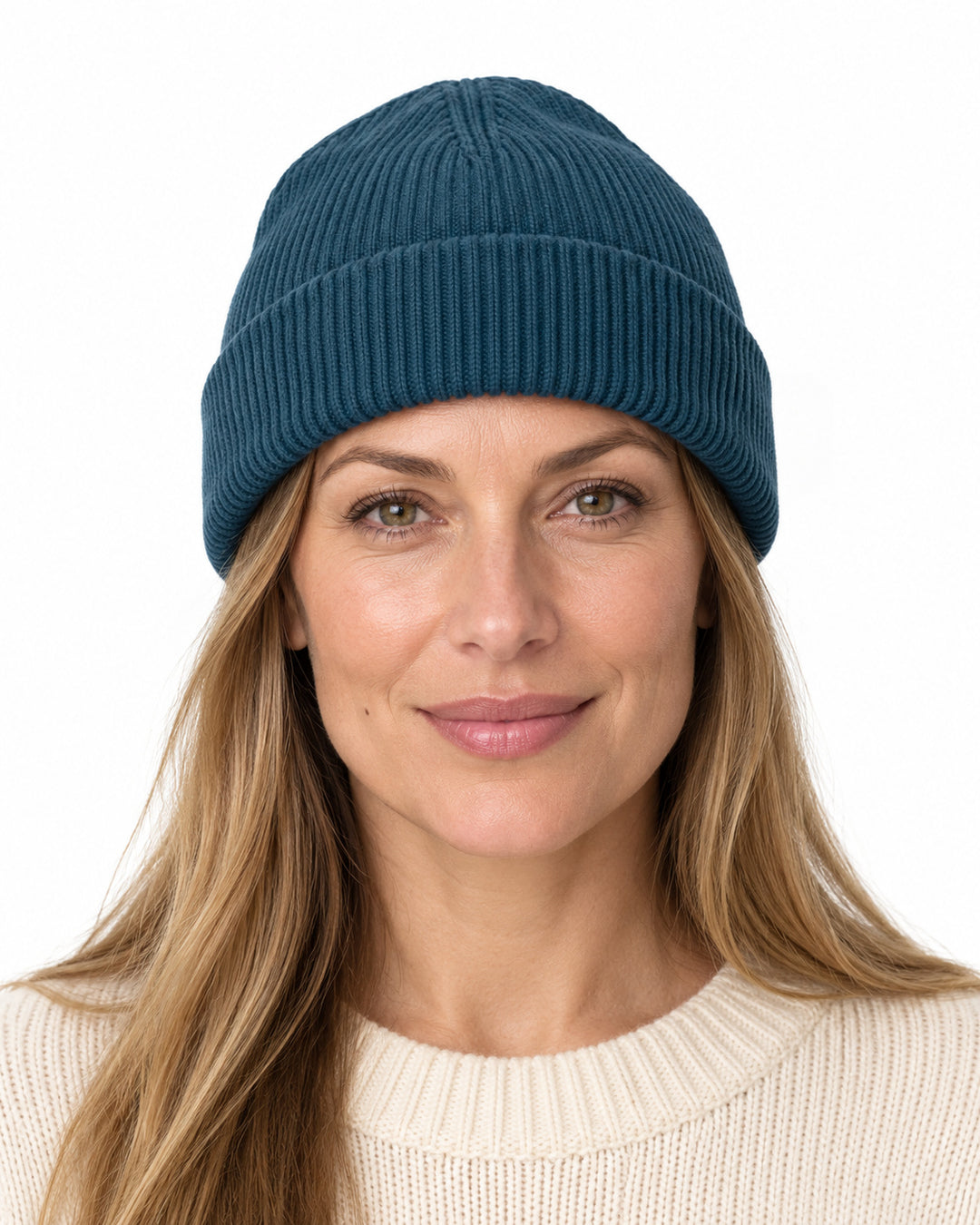 Sitztgut Damen-Rippstrick-Beanie mit Umschlag – Dunkelpetrol – Vorderansicht