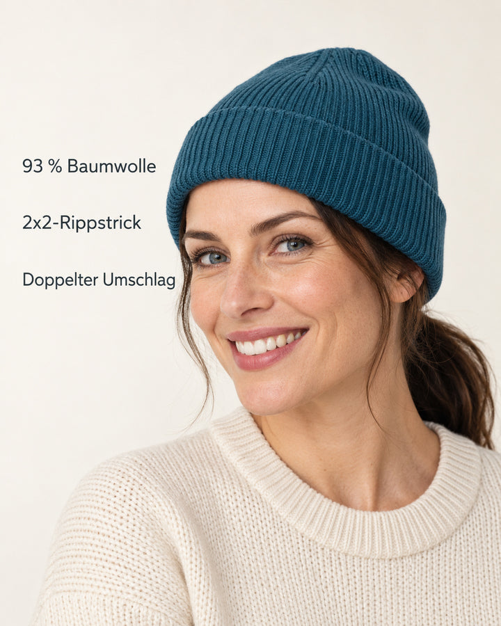 Sitztgut Damen-Rippstrick-Beanie mit Umschlag – Dunkelpetrol – Produktvorteile