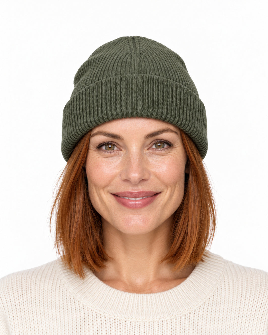 Sitztgut Damen-Rippstrick-Beanie mit Umschlag – Khaki – Vorderansicht