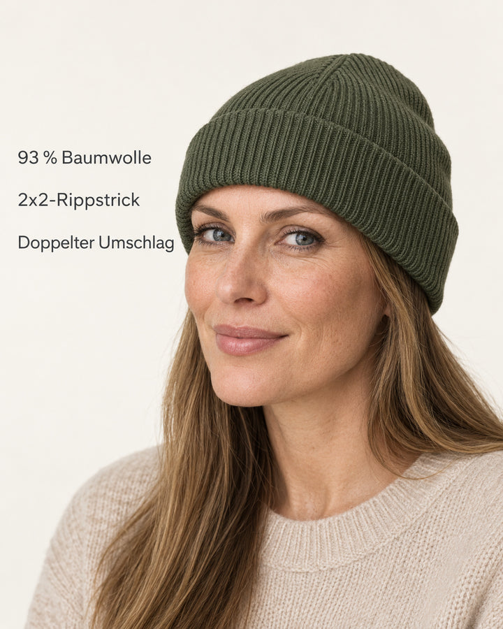 Sitztgut Damen-Rippstrick-Beanie mit Umschlag – Khaki – Produktvorteile