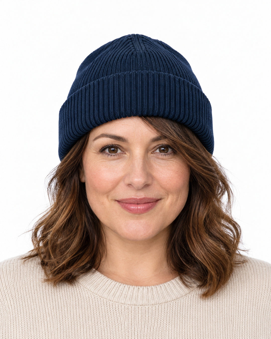 Sitztgut Damen-Rippstrick-Beanie mit Umschlag – Marineblau – Vorderansicht
