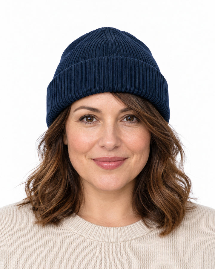 Sitztgut Damen-Rippstrick-Beanie mit Umschlag – Marineblau – Vorderansicht