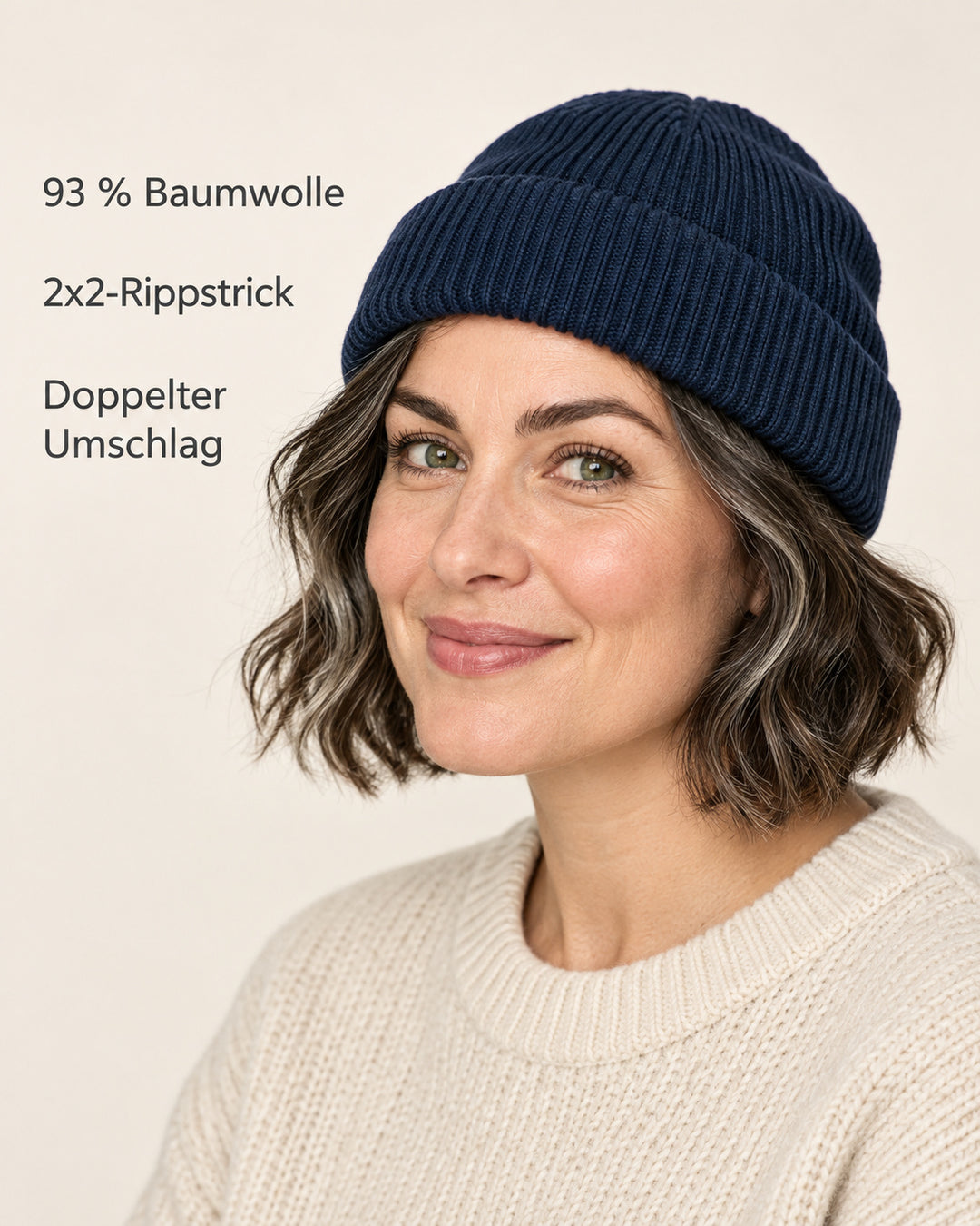 Sitztgut Damen-Rippstrick-Beanie mit Umschlag – Marineblau – Produktvorteile