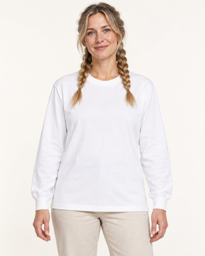 Sitztgut Damen-Langarmshirt aus Baumwolle, 240 g/m² – Weiß – Vorderansicht