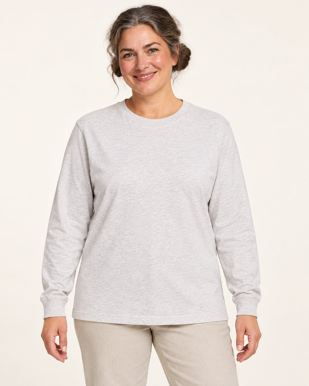 Sitztgut Damen-Langarmshirt aus Baumwolle, 240 g/m² – Hellgrau meliert (Cool Heather Grey) – Vorderansicht
