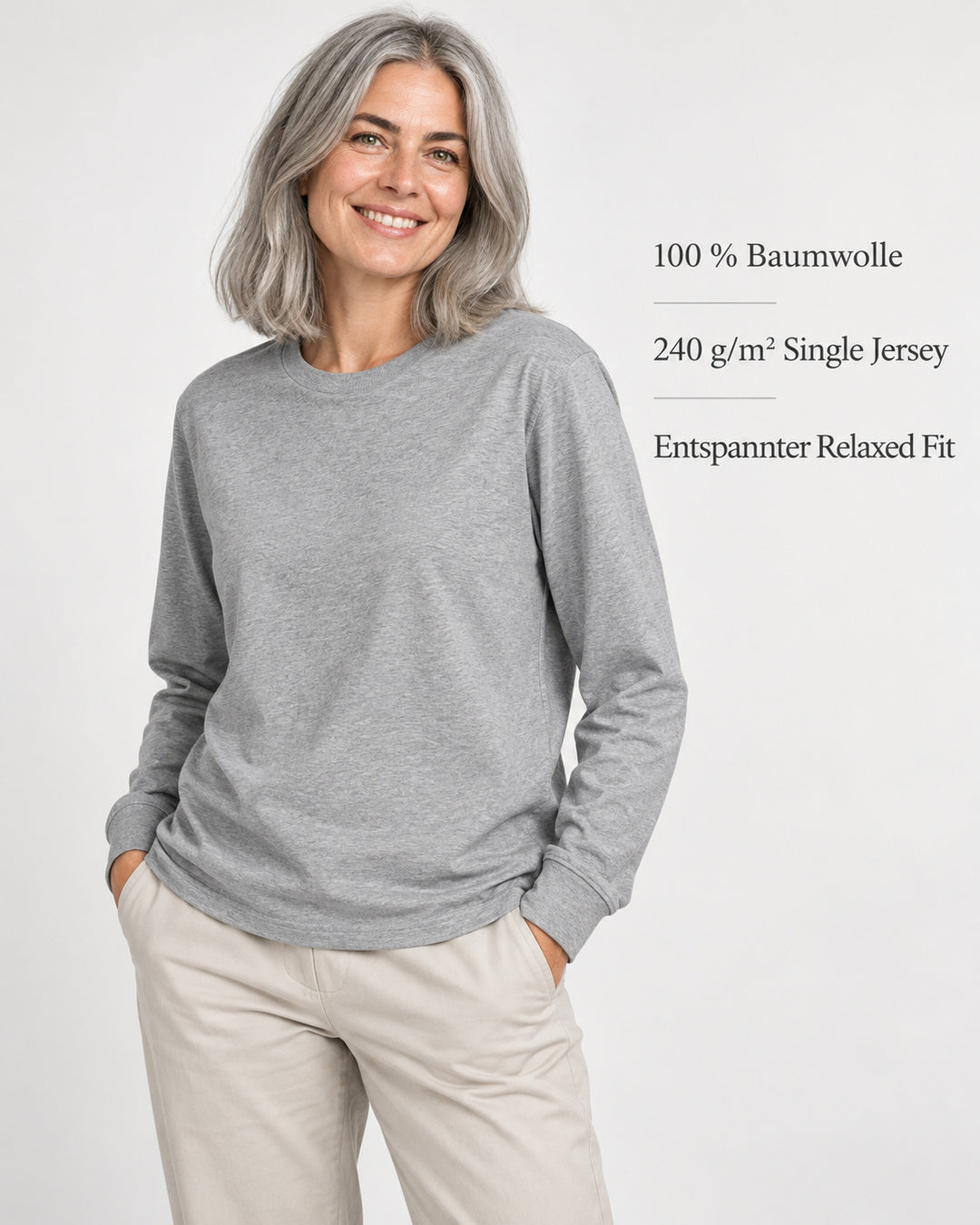 Sitztgut Damen-Langarmshirt aus Baumwolle, 240 g/m² – Grau meliert (Heather Grey) – Produktvorteile