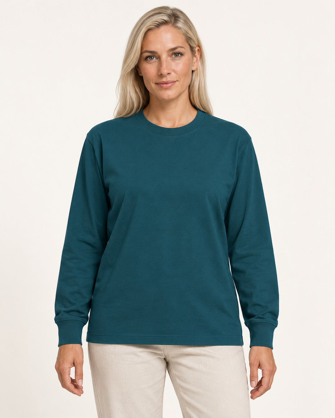 Sitztgut Damen-Langarmshirt aus Baumwolle, 240 g/m² – Petrol – Vorderansicht