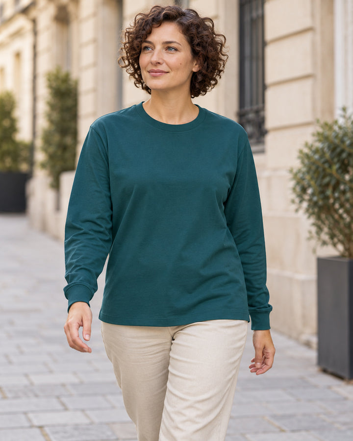 Sitztgut Damen-Langarmshirt aus Baumwolle, 240 g/m² – Petrol – Lifestyle 1
