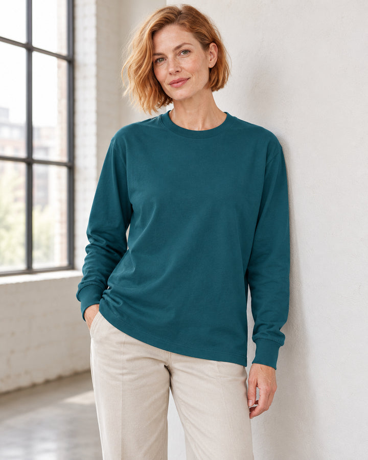 Sitztgut Damen-Langarmshirt aus Baumwolle, 240 g/m² – Petrol – Lifestyle 2