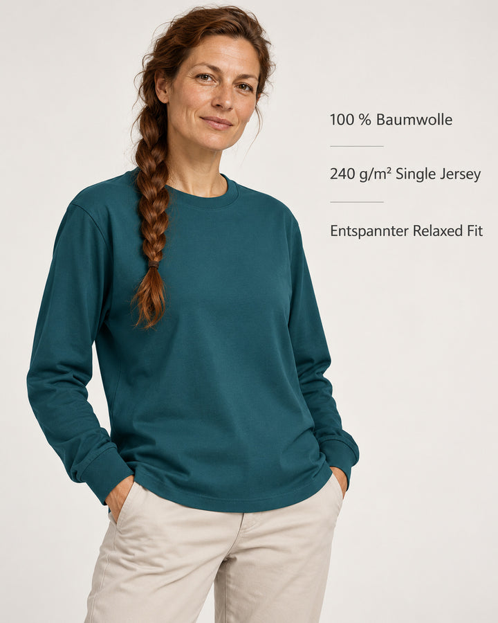 Sitztgut Damen-Langarmshirt aus Baumwolle, 240 g/m² – Petrol – Produktvorteile