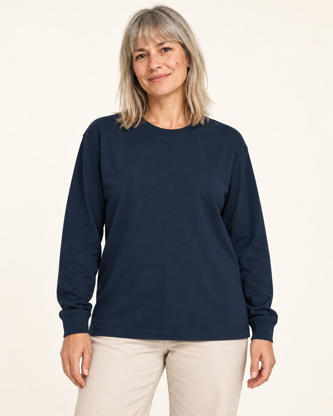 Sitztgut Damen-Langarmshirt aus Baumwolle, 240 g/m² – Marineblau – Vorderansicht