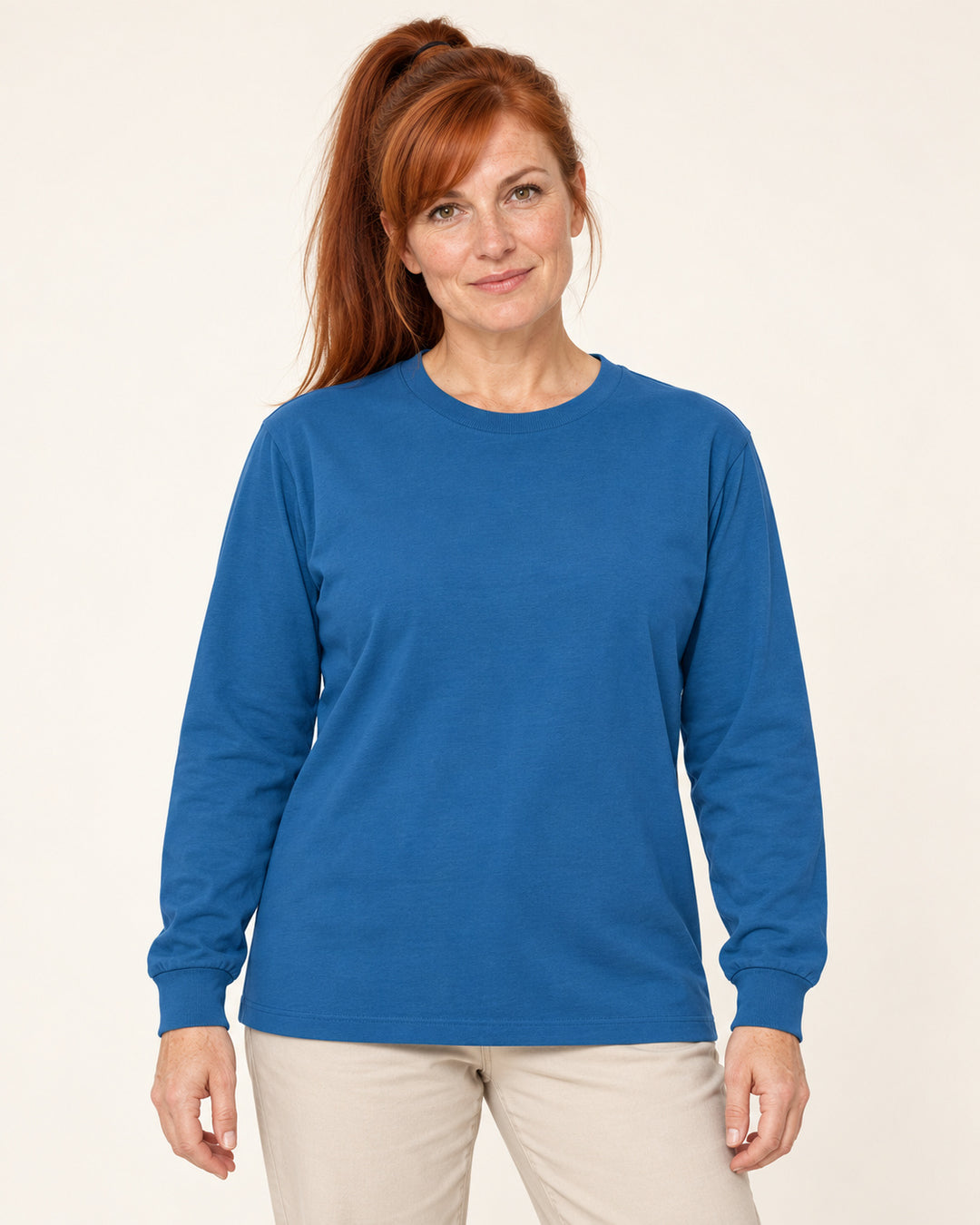 Sitztgut Damen-Langarmshirt aus Baumwolle, 240 g/m² – Blau (Mindful Blue) – Vorderansicht