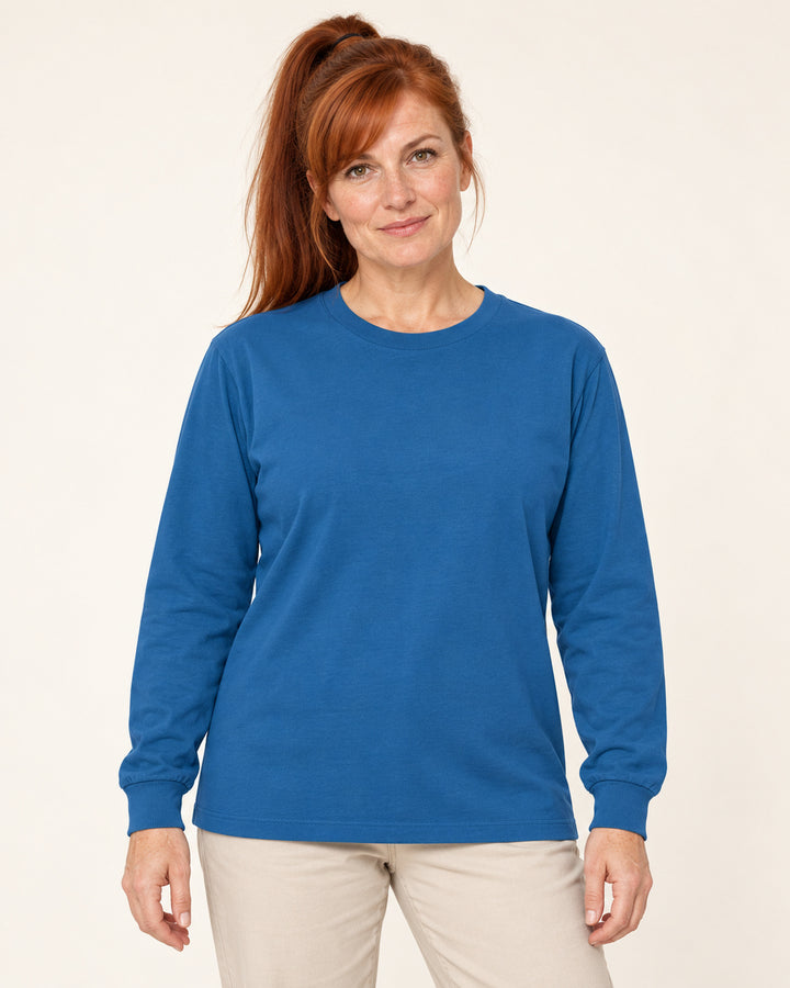 Sitztgut Damen-Langarmshirt aus Baumwolle, 240 g/m² – Blau (Mindful Blue) – Vorderansicht